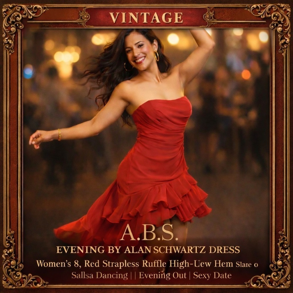 A.B.S. Evening By Allen Schwartz Dress Womens 8 Red‎ Strapless Ruffle Hi Low Hem